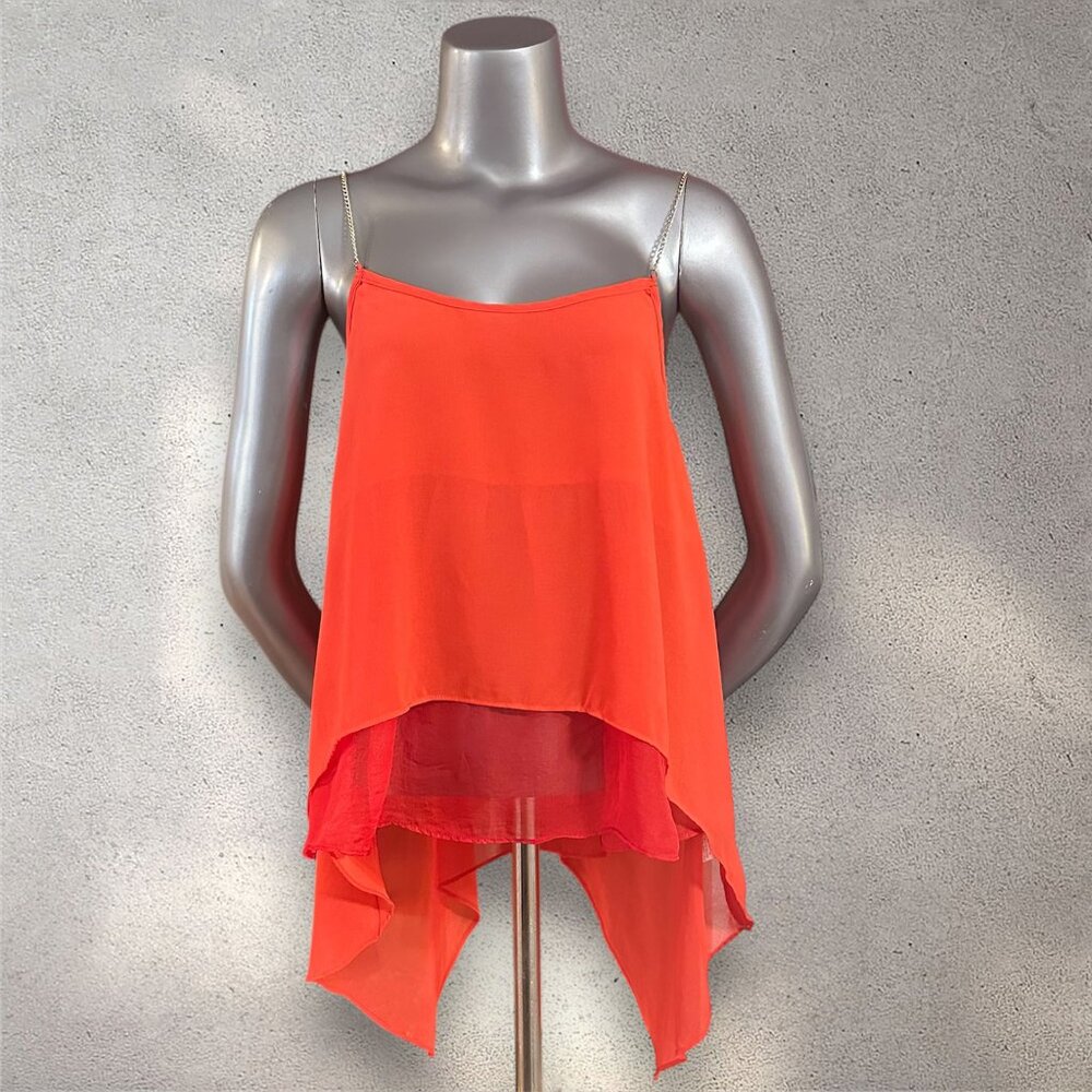 Women's Flowy Orange Coral Ruffle Gold Chain Straps Tank Top Sheer 2 Layer M